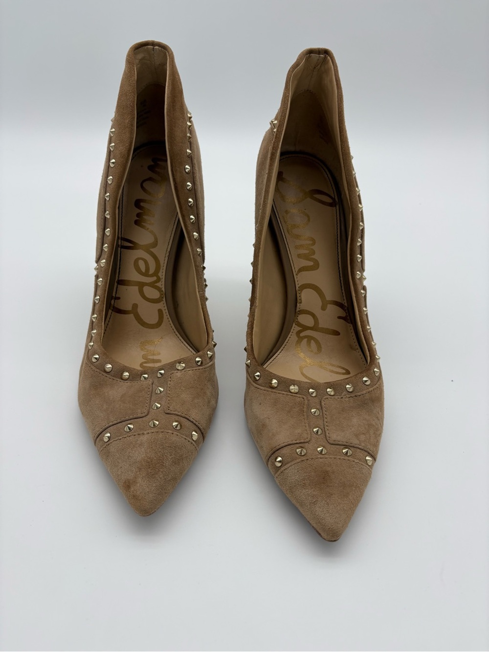 Sam Edelman Taupe Studded Suede Pointed-Toe Pumps